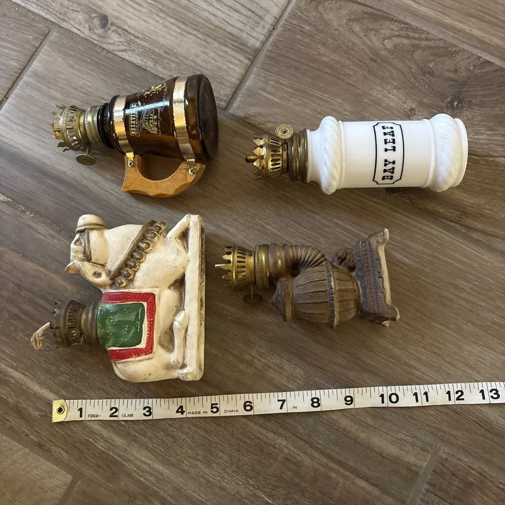 Vintage Miniature Oil Lamp Lot of 4 glass brass Camel Bay Leaf Syrup Oven